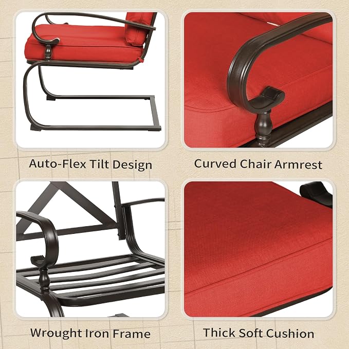 7-Piece Outdoor Metal Furniture Sets Patio Conversation Set, Wrought Iron Loveseat, 2 Dining Chairs, 2 Spring Chairs and Coffee Table, Red