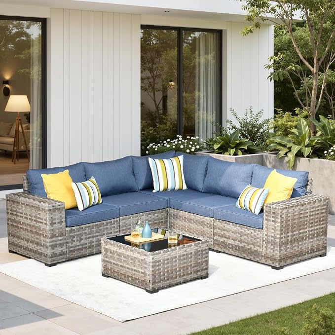6 Pieces Patio Furniture Set,Wicker Outdoor Sectional Sofa with Coffee Table Comfy Cushions,Modern Modular Deep Seat Rattan Couch Conversation Set for Backyard Porch Yard,Denim Blue