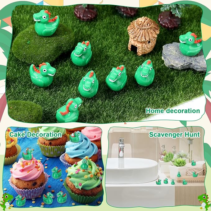 30 Pcs Dinosaur Ducks, Mini Dinosaur Resin Ducks Bulk, Fun Printed Toy Figures for Birthday Party Favors, Themed Decor, Kids Gift Collection (Green Dinosaurs)