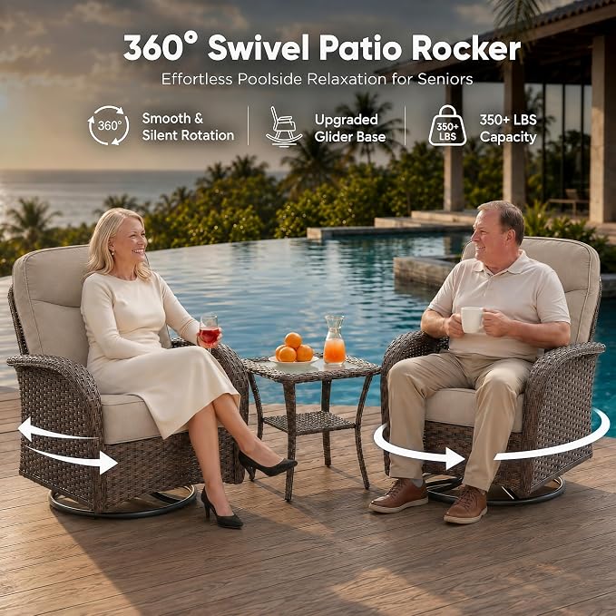 HUMMUH 3-Piece Outdoor Wicker Swivel Rocker Patio Set, High Back | 6 in Olefin seat and back cushions, PE rattan, steel frames, 350 lb chair capacity, for deck, yard, and poolside