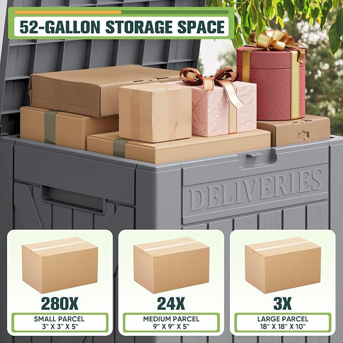 Greesum 52 Gallon Outdoor Resin Package Delivery Box for Porch, Lockable Secure Double-Wall, Waterproof Deck Box for Package Protection, Gray