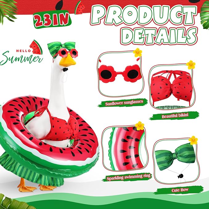 Bikini Porch Goose Outfits with Sunglasses and Swimming Tube for 23" Summer Goose Costume Garden Patio Statue Decor(Watermelon)