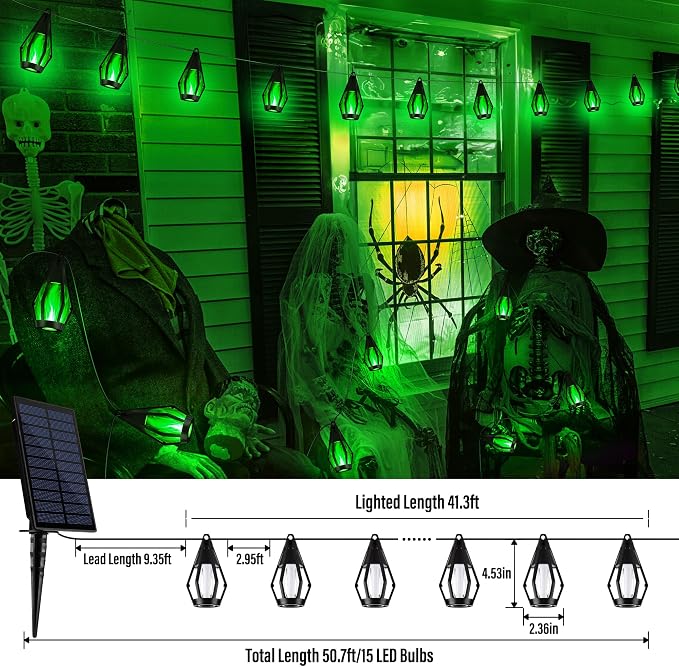 iBaycon 42FT 15 LED Solar Flame Halloween String Lights Outdoor, Green | Ultra-Real Flickering Flame Lamp Outdoor Waterproof, Solar Patio String Lights for Garden Yard Lawn Halloween Decorations