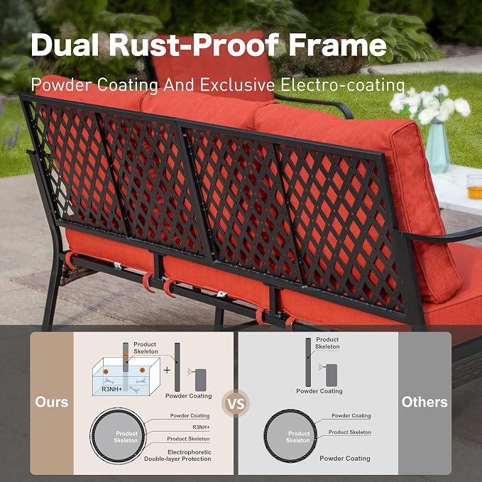 SUNSHINE VALLEY 5 Piece Metal Outdoor Patio Furniture Set, Patio Conversation Set with 3-Seater Sofa, Loveseat, 2 Rocking Sofa (5.75" Thick Cushion) & Coffee Table Black Backyard Furniture, Rust Red