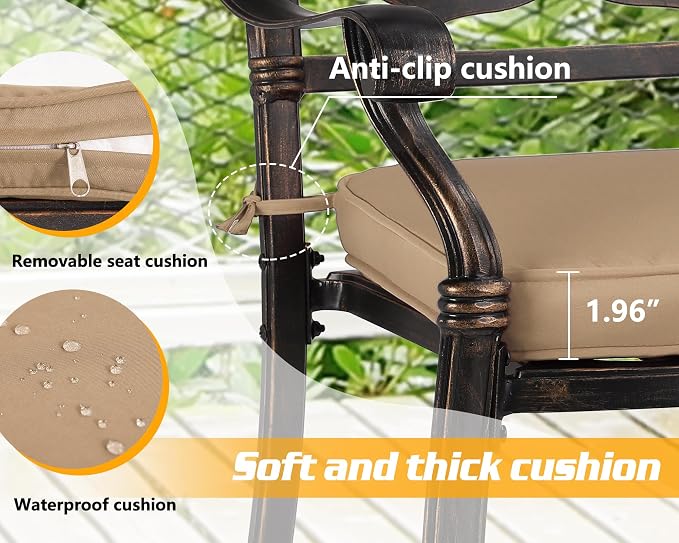 TITIMO 9-Piece Cast Aluminum Patio Furniture Set, Outdoor Patio Dining Set Bistro Conversation Set, Rectangular Dining Table Set w/Cushions Umbrella Hole (Khaki-Fixed Elizabeth Chair, 9 Pcs)