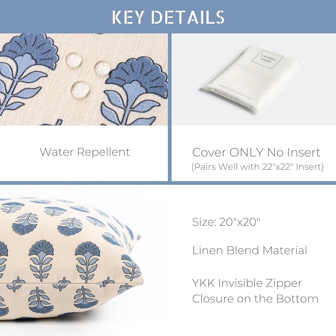 California Casual Coastal Indoor Outdoor Throw Pillow Cover, 20"x20" Water Repellent for Patio, Backyard, Couch, Poolside, Earth Tone Azure Blue Neutral Block Print Flowers