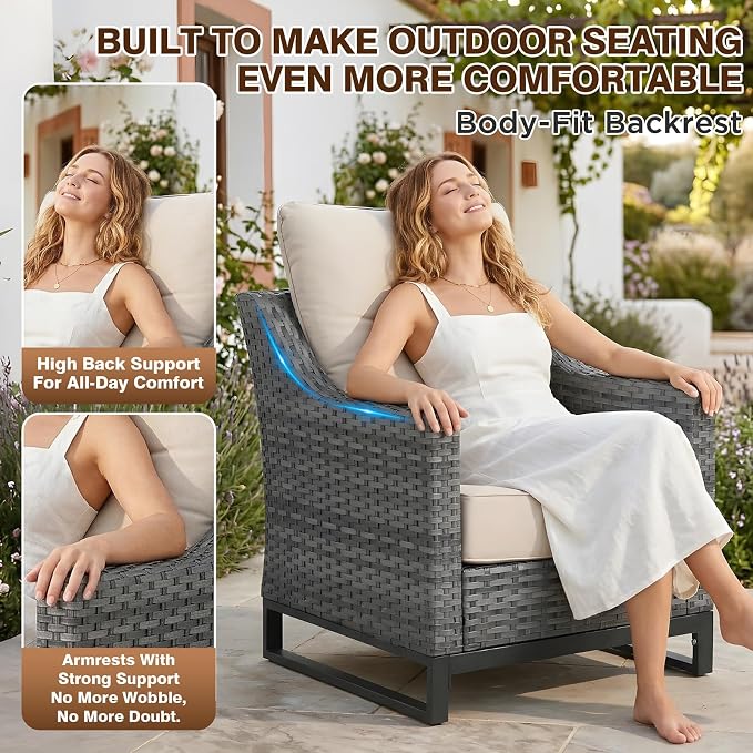 3 Piece Patio Furniture Set,Comfortable Seating Wicker Chairs Set of 2 with Outdoor Side Table, All-Weather Wicker Patio Set with 6 Inch Thick Cushions for Porch Deck Balcony Garden