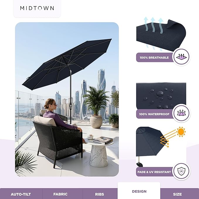 Midtown Umbrellas – The Swilt 8 Ft Patio Umbrella with 360° Swivel & Tilt Mechanism, Sunbrella Fabric & 8 Fiberglass Ribs – Outdoor Umbrella for Deck, Pool & Cafes – Canvas Navy Canopy, Black Pole