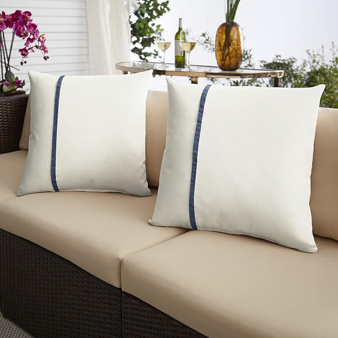 Sorra Home x Sunbrella - Indoor Outdoor Square Pillows, Set of 2, 16x16, Canvas Natural Ivory & Indigo Navy Blue