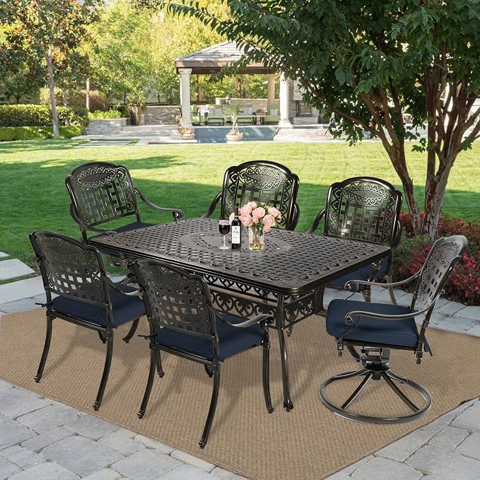 MEETWARM 7-Piece Outdoor Patio Dining Set, All-Weather Cast Aluminum Patio Conversation Set with 4 Stationary, 2 Swivel Rocker Chairs, 1 Rectangular Table, 6 Cushions, 2" Umbrella Hole, Navy Blue