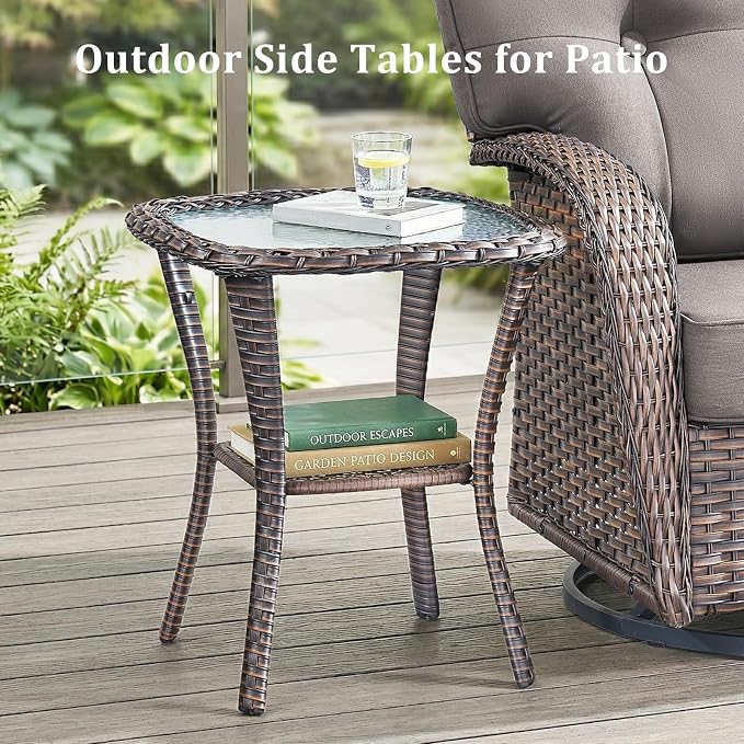 3-Piece Wicker Patio Furniture Set with 5-Inch Thick Cushions Weather Resistant Rattan High Back Swivel Rocker Chairs Senior Friendly Conversation Set for Small Porch Deck Sunroom Brown/Grey