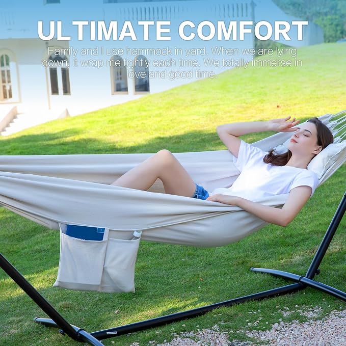 PNAEUT Double Hammocks with Stand for Outside, Portable Space Saving Heavy-Duty Steel Stand for Indoor Outdoor Patio with Carrying Bag, 450 lbs Capacity (Beige)
