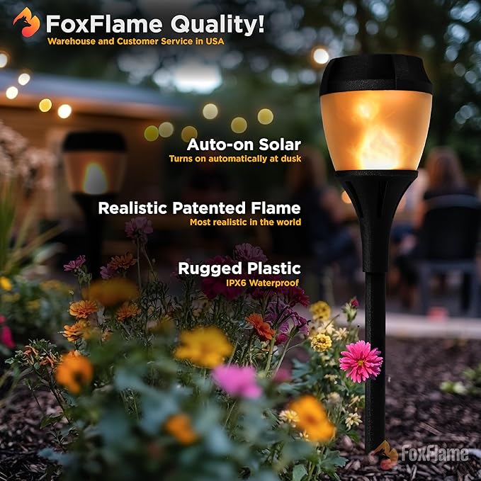 FoxFlame Solar Path Lights Outdoor Waterproof-Realistic Flickering LED Flame,IP65 Pathway Lights Solar Powered Warm Light for Garden and Walkways,Ground Stake Included for Easy Setup(1 Pack)
