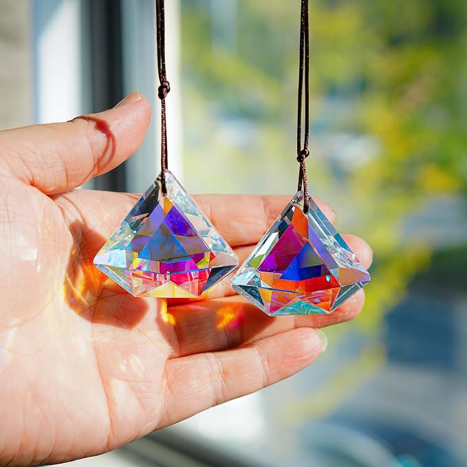 2 Pcs 1.9 Inch AB Crystal Prism Suncatcher Window Decor | AB Colored Crystal Prisms Sun Catcher Set of 2 Hanging Pendants for Window Indoor Home Garden Decor Rainbow Maker