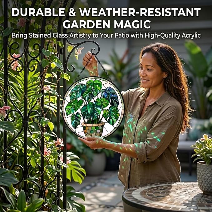 Birthday Gifts for Women - Green Monstera Plant Faux Stained Glass Window Hanging Sun Catcher for Door Garden Acrylic Decor Mother's Day Christmas for Mom Nana Grandma Sisters Wife 6.3"