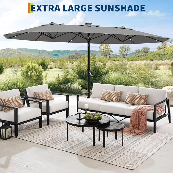 15FT Outdoor Patio Umbrella,Double-Sided Rectangle Market Umbrella with 36 LED Solar Lights & Base,UV50+ Weather-Resistant Oversized Outdoor Umbrella,Crank Lift,3-Way Shade for Pool,Garden,Backyard