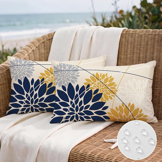 OTOSTAR Outdoor Dark Blue Yellow Pillow Covers 16x24 Inch Set of 2 Light Grey Flower Throw Pillows Geometric Dahlia Floral Lumbar Cushion Case Waterproof Decor for Sofa Patio Funiture Garden