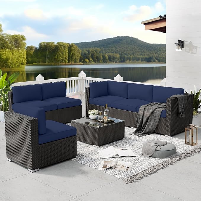 SOLAURA 7 Pieces Outdoor Patio Furniture Set, Black Brown Rattan Outdoor Patio Sectional Conversation Set, Modular Sofa Set with Coffee Table, Navy Blue (Include Sofa Cover)