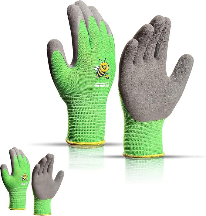 KDK Ages 5-7 Kids Gardening Gloves,Yard Work Gloves for Toddlers, Youth, Girls, Boys, Childrens, Soft Safety Rubber Gloves (XXS Age 5-7, 2 Pairs Green Bee)