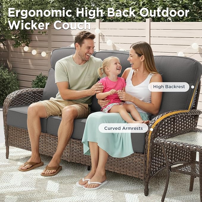 3 Pieces Luxury Patio Furniture Sofa Set with 6-Inch Thick Cushions, Outdoor Wicker Patio Furniture Covered Couch with Multifunctional Ottoman, Patio Conversation Set for Porch Garden, Grey
