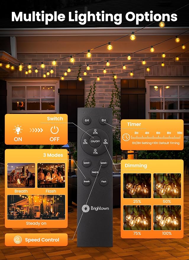 Brightown 75FT 36LED Solar String Lights Outdoor with Remote & USB Port | Shatterproof Bulbs, Dimmable & Timable, 3 Modes, Solar Patio Lights with a Mount Clip for Camping Backyard Garden Decor