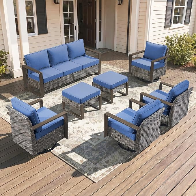 7-Piece Outdoor Patio Furniture Set with 4 Swivel Chairs, All-Weather Wicker Sofa Set for Garden, Yard, Porch and Poolside Seating, Grey/Blue