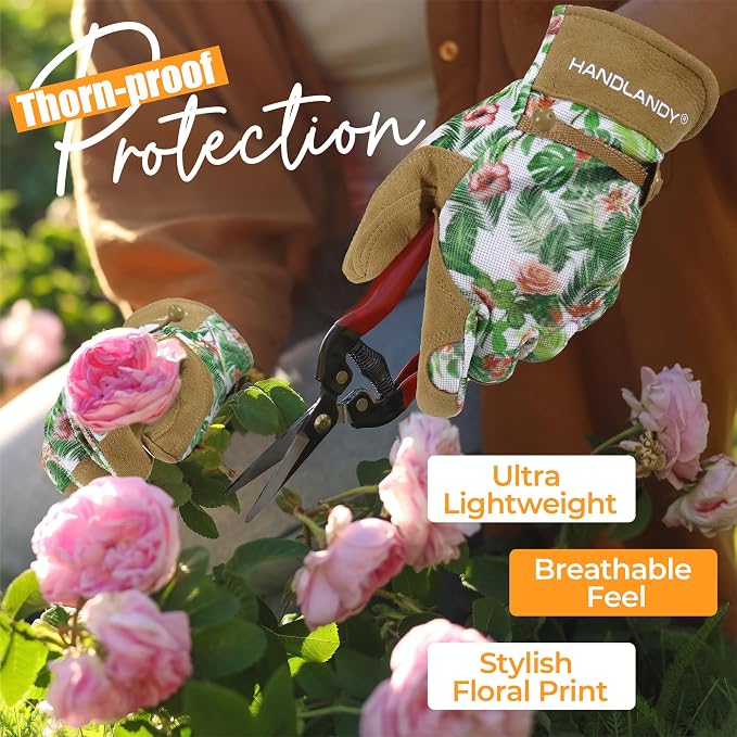 HANDLANDY Gardening Gloves for Women, Leather Garden Glove, Gardener Gift | Breathable Floral Ladies Leather Garden Yard Gloves, for Trimming, Weeding, Digging, Planting, Pruning