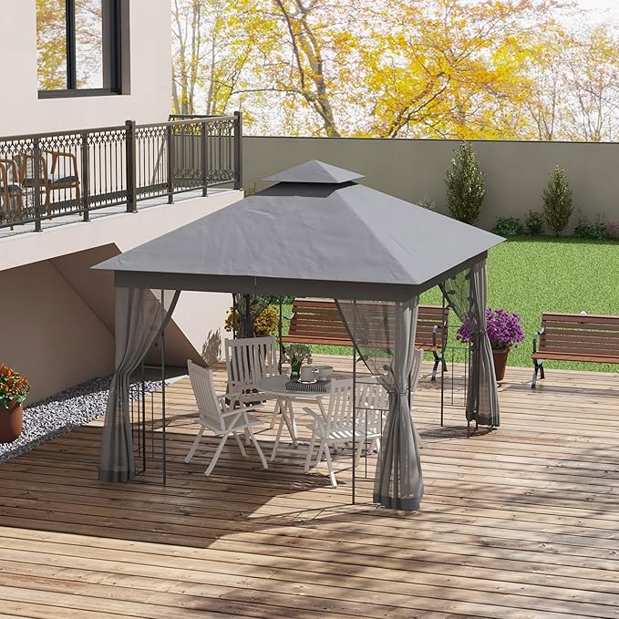 Outsunny 10' x 11.5' Metal Patio Gazebo, Double Roof Outdoor Gazebo Canopy Shelter with Tree Motifs Corner Frame and Netting, for Garden, Lawn, Backyard, and Deck, Gray