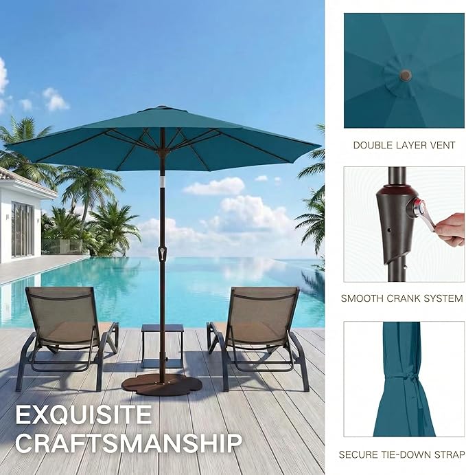 Kingdura 9FT Outdoor Patio Umbrella, Market Table Umbrella with Push Button Tilt and Crank, 8 Sturdy Fiberglass Ribs, UV Protection for Pool, Lawn, Deck, Backyard, Garden (Lake blue)