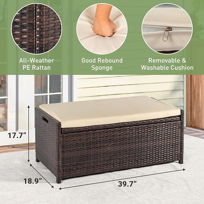 Tappio Deck Box Outdoor Storage Box Bench, PE Rattan Storage Bin with Built-in Handle and Beige Cushion for Pool and Garden Accessories