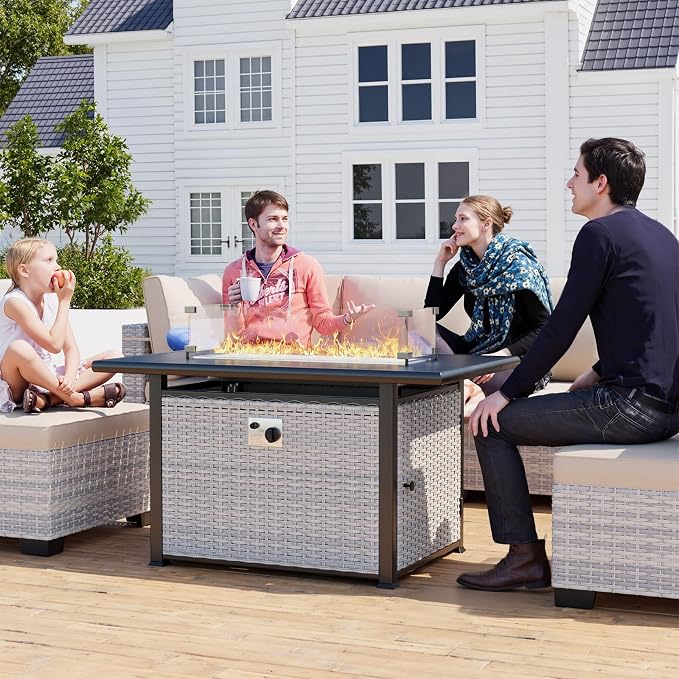 13-Piece Outdoor Patio Furniture Set with 55,000 BTU Fire Pit Table, Grey PE Wicker Rattan Sectional Sofa Patio Conversation Set with Coffee Table, Grey