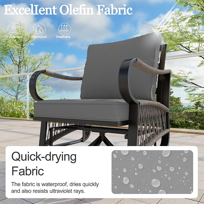 7-Piece Outdoor Furniture Set, Metal Swivel Rocking Chairs with All-Weather Cushions, Patio Conversation Set with Fire Pit Table for Deck, Porch, Garden, Backyard, Poolside (Gray Cushions)