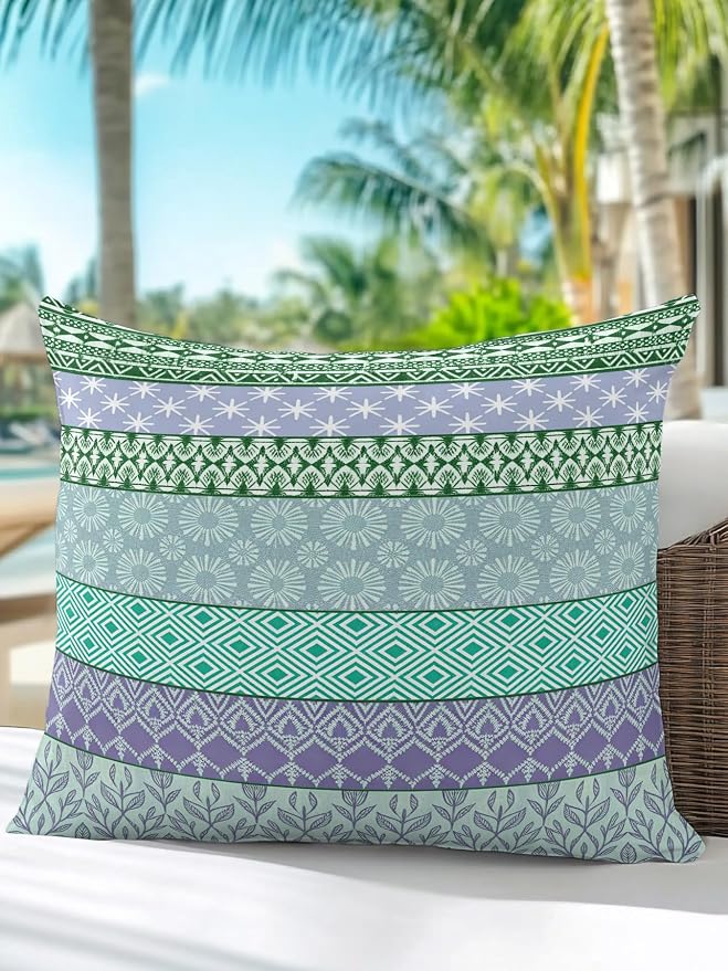 Waterproof Outdoor Pillow 1 Pack Turquoise Bohemian Decorative Throw Pillows Cover & Insert 16x16 Inch Pillowcase Boho Style Floral Leaves Geometric Pillows for Couch Sofa Bed Patio Furniture
