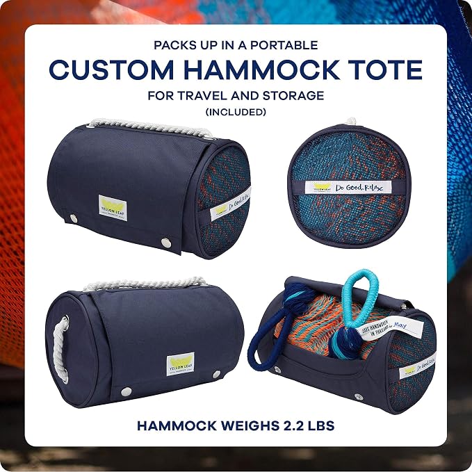 Handwoven Classic Double Hammock and Tree Strap Bundle: Shareable, Weathersafe Hammocks, Yellow Leaf Hammocks - “St. Lucia” Hammock, Fits 1-2 People (400 lbs) + Go Anywhere Hammock Straps - Extra Long