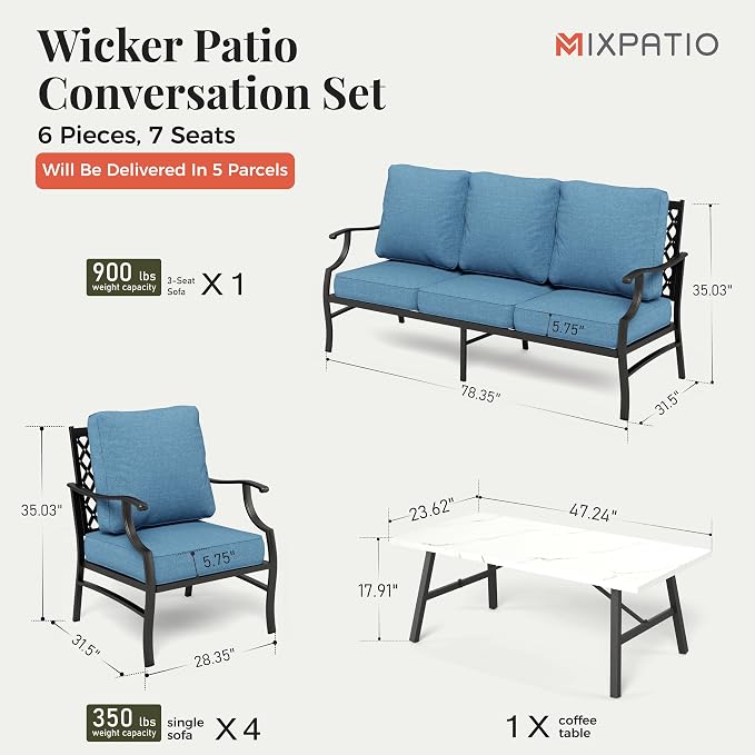 MIXPATIO Patio Furniture Set 6 pcs, Outdoor Patio Furniture, 1 X 3-Seat Sofa, 4 X Single Chairs, 1 X Coffee Table and 5.75" Extra Thick Cushion, Patio Conversation Set,Navy Blue