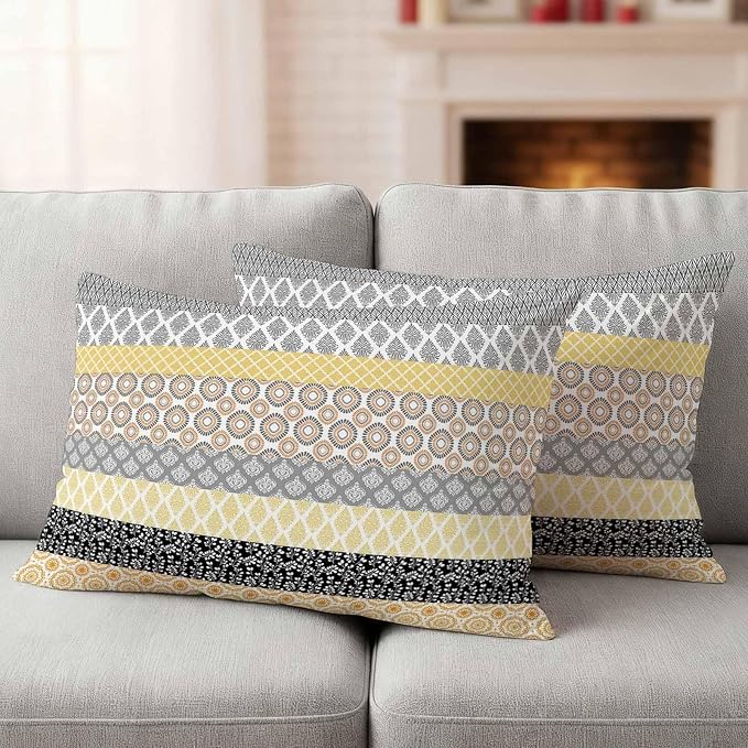 Geometric Bohemia Outdoor Waterproof Throw Pillow Covers Set of 2, 20"x12", Stripes Brown Yellow and Black Decorative Pillow Covers Outside Cushion Case for Patio Porch Garden