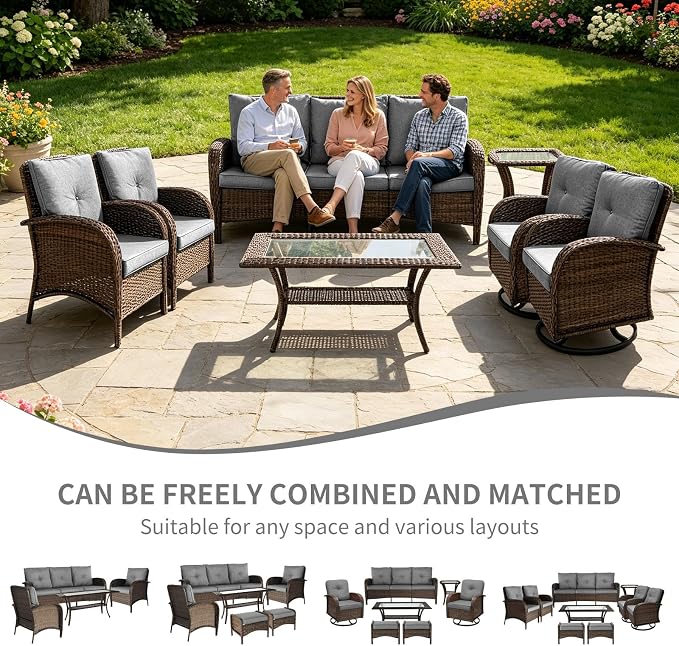 Outdoor Swivel Rocker Patio Chairs (Brown Wicker/Grey Cushion, 7PC/Sofa & Swivel & Chair &2 Table)