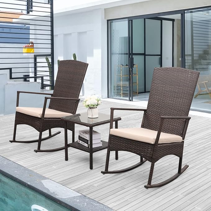 Outdoor HDPE Wicker Rocking Chair 3-Piece Patio Rattan Bistro Set 2 Rocker Armchair and Glass Coffee Side Table Furniture Washable Lacing Cushions, Khaki