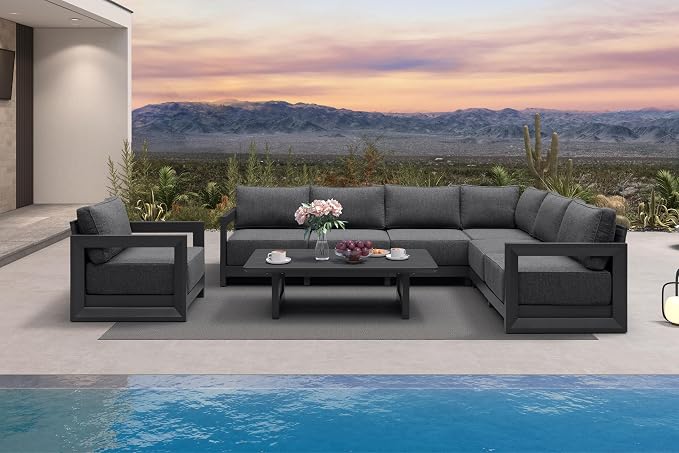 PURPLE LEAF Patio Furniture Set Open-End Outdoor Couch with 9.6" Thick Cushion and Soft Pillows 8 Piece Outdoor Sectional Sofas with Table Modern Outdoor Conversation Sets for Yard Deck Pool, Grey