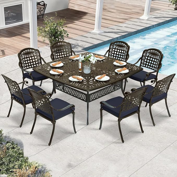 9 Piece Outdoor Patio Dining Set for 8, Cast Aluminium Large Square Dining Table & 8 Cushioned Stackable Chairs, Umbrella Hole, Patio Furniture Set for Garden Porch Poolside, Navy Blue