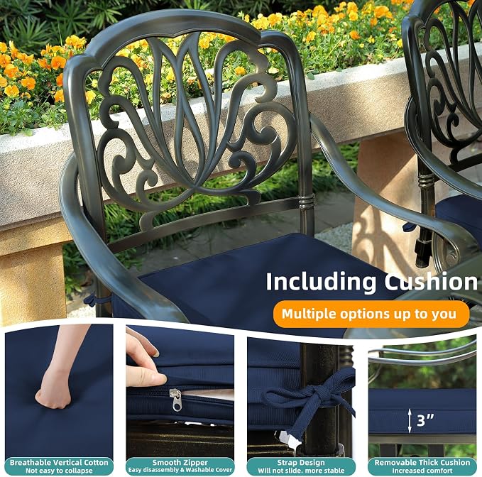 MEETWARM 7-Piece Outdoor Patio Dining Set, 6 Outdoor Dining Cushioned Chairs and 1 Rectangle Table with 2" Umbrella Hole, All Weather Cast Aluminum Patio Funiture Set for Backyard, Navy Blue