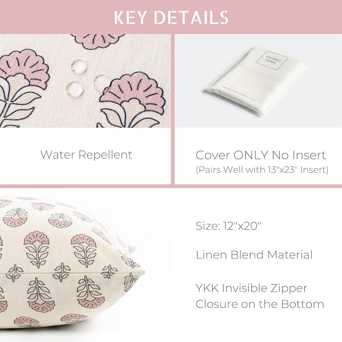 Crumbs Home Modern Farmhouse California Casual Indoor Outdoor Lumbar Pillow Cover, 12"x20" Water Repellent for Patio, Backyard, Couch, Poolside, Earth Tone Dark Rose Ivory Cream Block Print Flowers