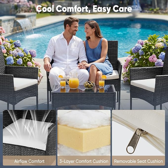 DUMOS 4 Piece Patio Furniture Set, All-Weather Outdoor Wicker Conversation Set with Removable Cushions & Tempered Glass Coffee Table, for Porch, Balcony, Lawn, Backyard Black