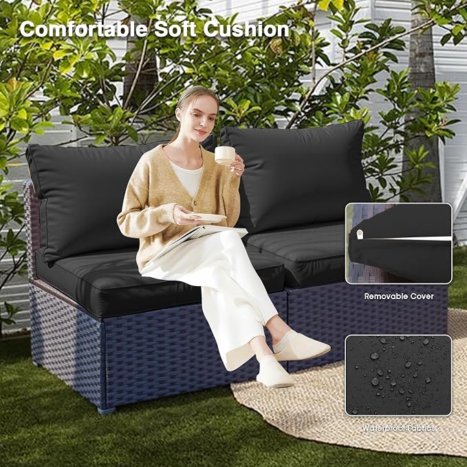 Patio Furniture Set Fire Pit Table 9 Piece All Weather PE Rattan Outdoor Sectional Sofa Couch with 8 x armless Sofa, No-Slip Cushions for Garden, Poolside, Backyard (Black)