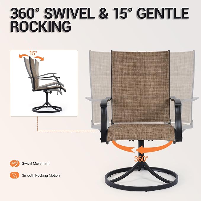 Patio Swivel Rocker Chairs Set of 8,Outdoor Dining Chairs High Back,15° Gentle Rocking Patio Chair with Padded Textilene, Metal Frame for Poolside Lawn Garden,Brown(8 PCS)