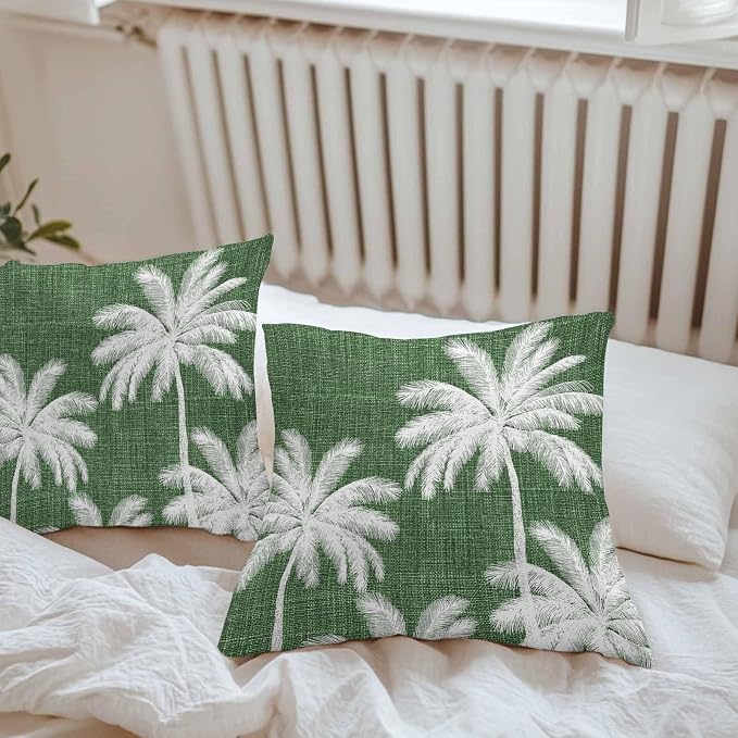 Outdoor Pillow Covers 18x18 Inch Set of 2, Dark Green Palm Trees Waterproof Throw Pillow Covers, Farmhouse Tropical Summer Beach Decorative Cushion Pillowcases for Couch, Sofa, Bed, Garden, Patio
