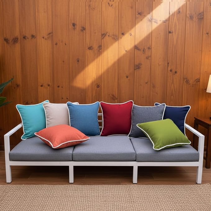 HER HWA Outdoor Throw Pillow Covers White Piping 18"x18" Set of 2, Khaki | durable fade-resistant water-resistant 100% polyester white piping smooth zipper machine washable for indoor outdoor décor