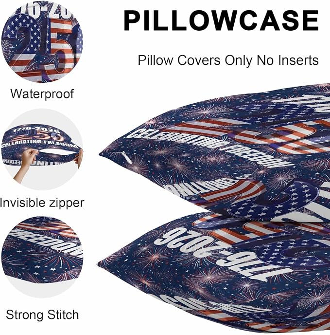 250 Anniversary USA Flag Outdoor Pillow Covers 16x16 Inch Throw Pillow Covers Set of 2 Waterproof Decorative Pillow Cases Blue American Flag 250 Fireworks Cushion Covers for Patio Furniture Garden