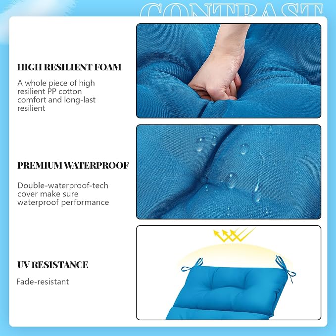 Kigley 2 Pcs Outdoor Chaise Lounge Cushions with 3 Side Pocket 74.5 x 22 x 4.7 Inch Patio Chaise Lounge Cushion, Water-Repellent and Fade-Resistant Tufted Summer Replacement(Blue)