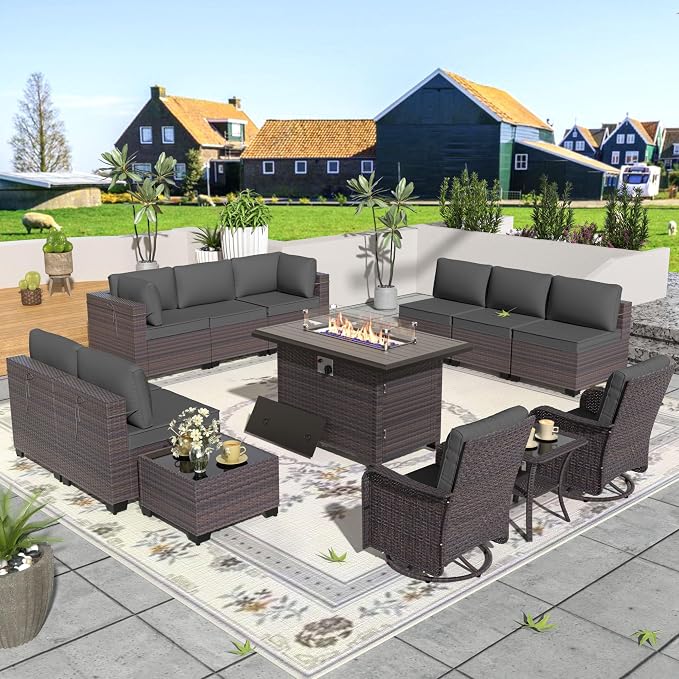 Patio Furniture Set with Fire Pit Table 13 Pieces Outdoor Swivel Rocking Chairs Sofa Set,PE Rattan Wicker Patio Conversation Set w/43in 55000 BTU Propane Fire Pit Table,Grey